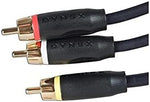 Close up view of color coded yellow white and red RCA connectors on Dynex video audio wire.