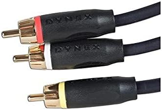 Close up view of color coded yellow white and red RCA connectors on Dynex video audio wire.