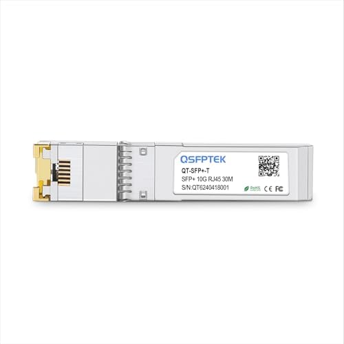 Qsfptek copper Sfp+ module showing RJ45 connector interface