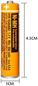 Four yellow NiMH 1.2 Volt replacement batteries showing technical specifications side view