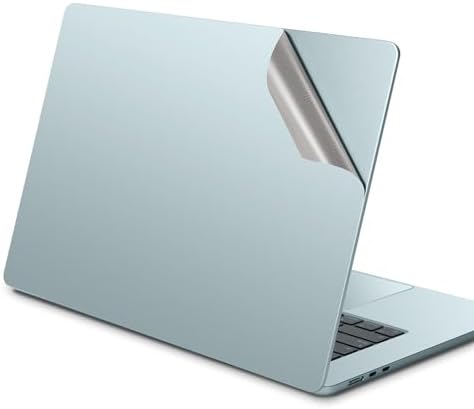 Back view of a 15 inch laptop featuring the blue ohgo 3M vinyl full size wrap showing precise edge alignment.