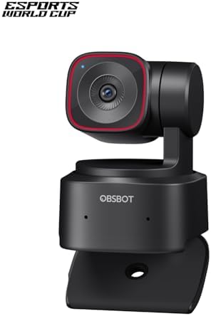 OBSBOT Tiny 2 Lite streaming camera highlighting the motorized 2-axis PTZ tracking gimbal base.