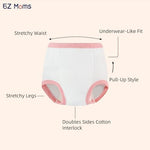 EZ Moms reusable toilet training pants for girls displayed with the included motivational sticker chart.