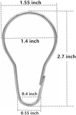 Gotoone thirty six pack silver curtain hooks organized on a bathroom shower rod.