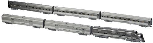 Kato Silver Streak Zephyr passenger cars showing corrugated stainless steel finish
