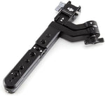 Close-up view of the NATO mount quick-release mechanism on the stabilizer extension arm