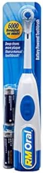 RM Oral battery operated toothbrush packaging showing included batteries and soft bristles head