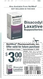Authentic NeilMed gentle relief laxative suppositories box side warning label