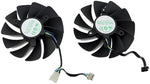 Two piece replacement cooling fans laid out flat for hardware dimensional reference
