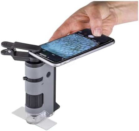 Carson handheld LED microscope with smartphone clip attached for digital photography