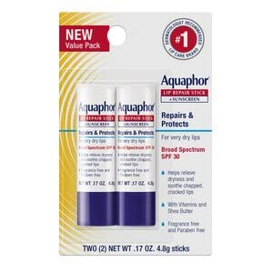 Aquaphor Lip Repair Stick plus Sunscreen Broad Spectrum SPF 30 Dual Pack front view showing two moisturizing lip balm sticks for chapped lips.