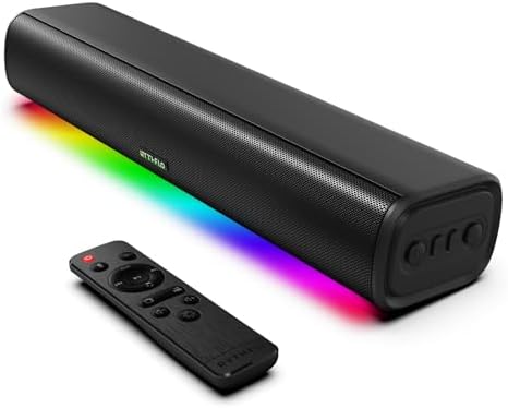 Rythflo soundbar displaying dynamic LED lighting modes in a home setting