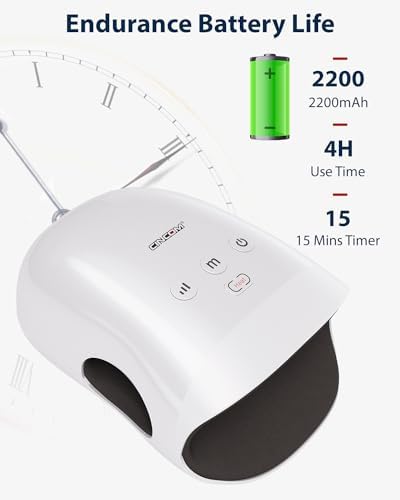 Product packaging box for the cordless hand therapy massager detailing features and technical specifications.