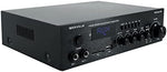 Rockville BLUAMP 90 black metal chassis audio component setup highlighting the prominent central volume dial