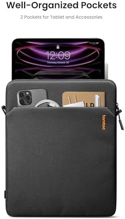 Tomtoc 13 Inch iPad Pro bag front accessory storage pocket packed with power adapter cables and stylus.