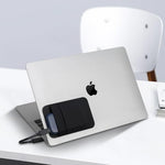 Lacdo portable storage sleeve organizing a charging cable and solid state drive on a tablet backend
