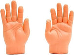 Adult fingers wearing realistic dr dingus tiny hands for a puppet show preview