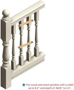 Cardinal Gates stairway banister adapter clamp installed on two wooden stair spindles without drilling.