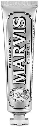 Marvis 3.8 ounce whitening toothpaste tube close up on peppermint flavor label