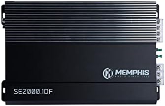 Memphis Audio SE2000.1DF Class D car amplifier side panel showing the power terminals and fuse slots.