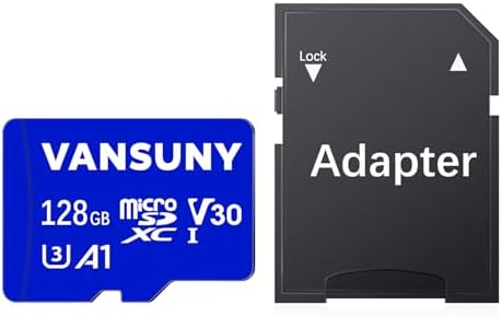Vansuny 128GB microSD card inserted into the included full size black SD adapter