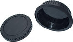 Black ABS plastic replacement camera body cap showing secure twist mount alignment.