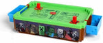 Underneath view of the tabletop air hockey unit illustrating the battery compartment switch