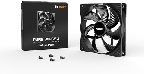 Be quiet Pure Wings 3 14cm PC fan emphasizing the premium matte black construction and 4-pin connector wire