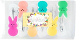 A beautiful lifestyle demonstration showing how the colorful rabbit hooks support a festive shower curtain in a modern home bathroom.