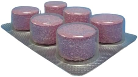 Six purple decalcification tablets designed for semi-automatic descaling of tankless water heater systems.