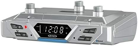Jensen Alexa enabled kitchen radio mounted underneath a cabinet showcasing space saving audio setup
