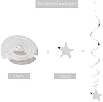 Close up view of the reflective silver PVC star cutout hanging from a party swirl backdrop.