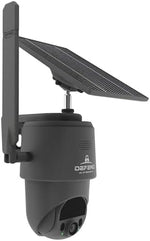 TACTACAM Defend 360 outdoor camera with attached solar panel setup for continuous charging