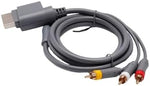 Three color coded RCA composite plugs in yellow red and white on a gray video wire.