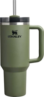 Stanley insulated stainless steel cup with handle and straw side view.