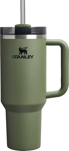 Stanley insulated stainless steel cup with handle and straw side view.