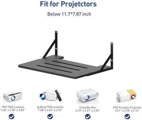 Black floating shelf holding a mini projector