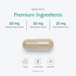 Vitanica Iron Extra dietary supplement packaging showing nutritional facts including vitamin C and B12