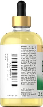 Back label of Carlyle Vitamin E Oil highlighting vegetarian non-GMO and gluten-free ingredients