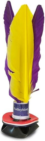 World Footbag Volleybird Flyer angle view highlighting the aerodynamic seven inch feathered shuttlecock structure.