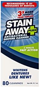 Stain-Away Plus professional strength denture cleaning powder bottles showcasing the clean mint flavor label.