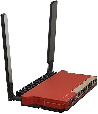 MikroTik dual-core wireless router rear side displaying power inputs and antenna connections