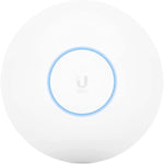 Ubiquiti Networks UniFi U6 Plus Wi-Fi 6 access point front view showing sleek white circular design and blue LED indicator ring.