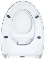 Side angle view of the elongated white plastic toilet seat showing non slip rubber stabilizers