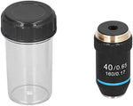 Fafeicy optical objective lens for biological microscopes standing next to its protective clear plastic storage box.