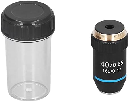 Fafeicy optical objective lens for biological microscopes standing next to its protective clear plastic storage box.