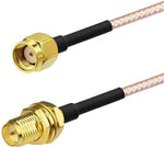 Close up view of the RP-SMA male and RP-SMA female bulkhead mount connectors on the RG316 coaxial cable