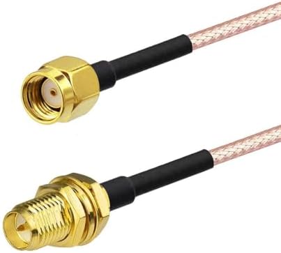Close up view of the RP-SMA male and RP-SMA female bulkhead mount connectors on the RG316 coaxial cable