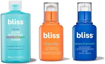 Bliss Radiant Skin Care Trio front view with bottles and packaging