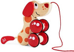 Hape toddler walking companion toy displaying the curved mechanical rear wheels that enable tail wagging